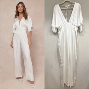 NWOT Lulus Radiant Passion White‎ Satin Dolman Sleeve Wide-Leg Jumpsuit